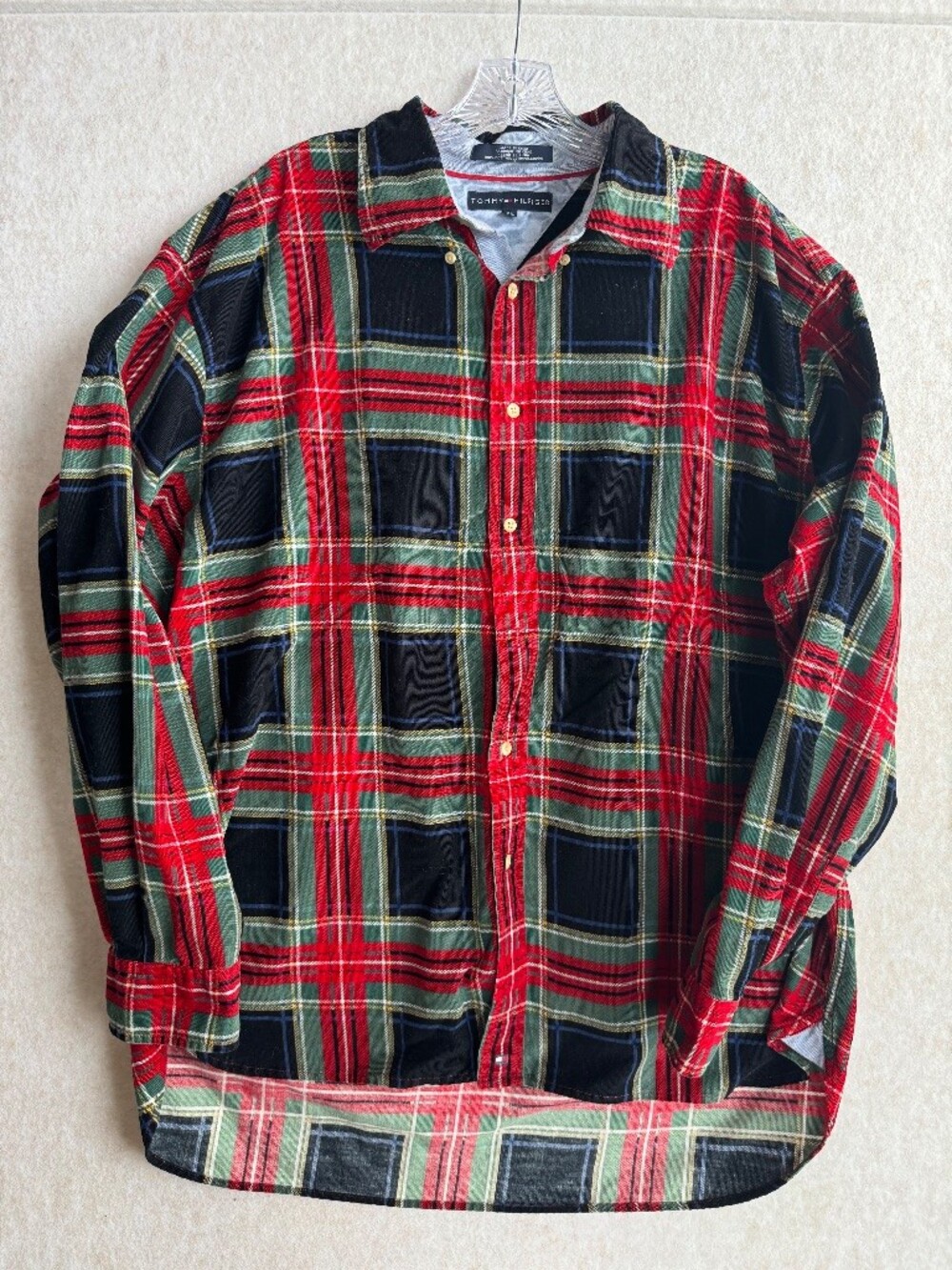 Tommy Hilfiger Mens XL Plaid Flannel Shirt Red Green Tartan Brushed Cotton 90s